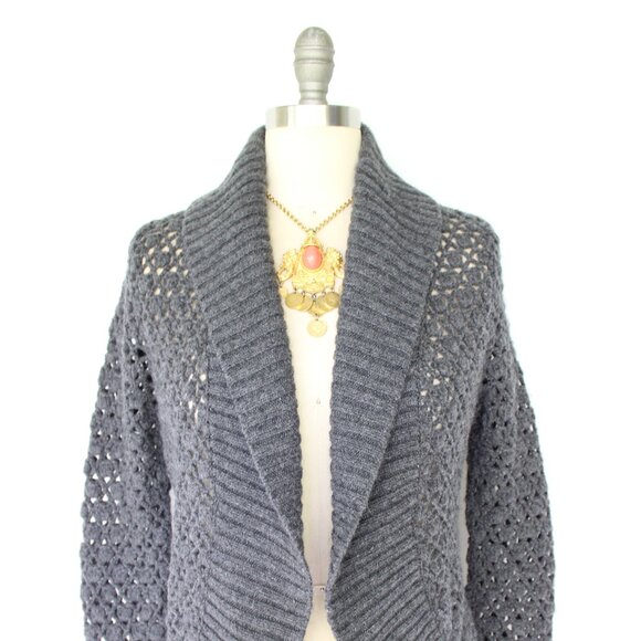VINCE Alpaca Cashmere wool gray crochet cacoon open cardigan sweater macrame M - Picture 3 of 10